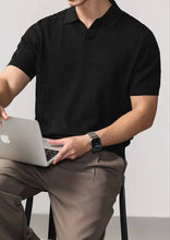 Load image into Gallery viewer, Cable-Knit Johnny Collar Polo Shirt