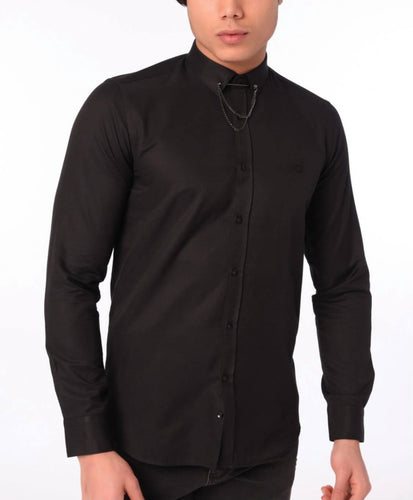 Men’s Chain Collar Slim Fit Dress Shirt – Black